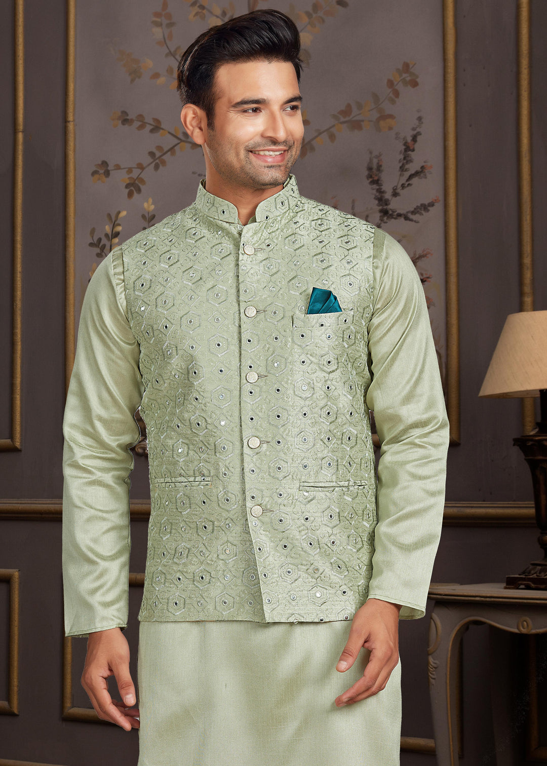 Malai Silk Kurta with Estela Silk Jacket | Thread & Mirror Embroidery Work