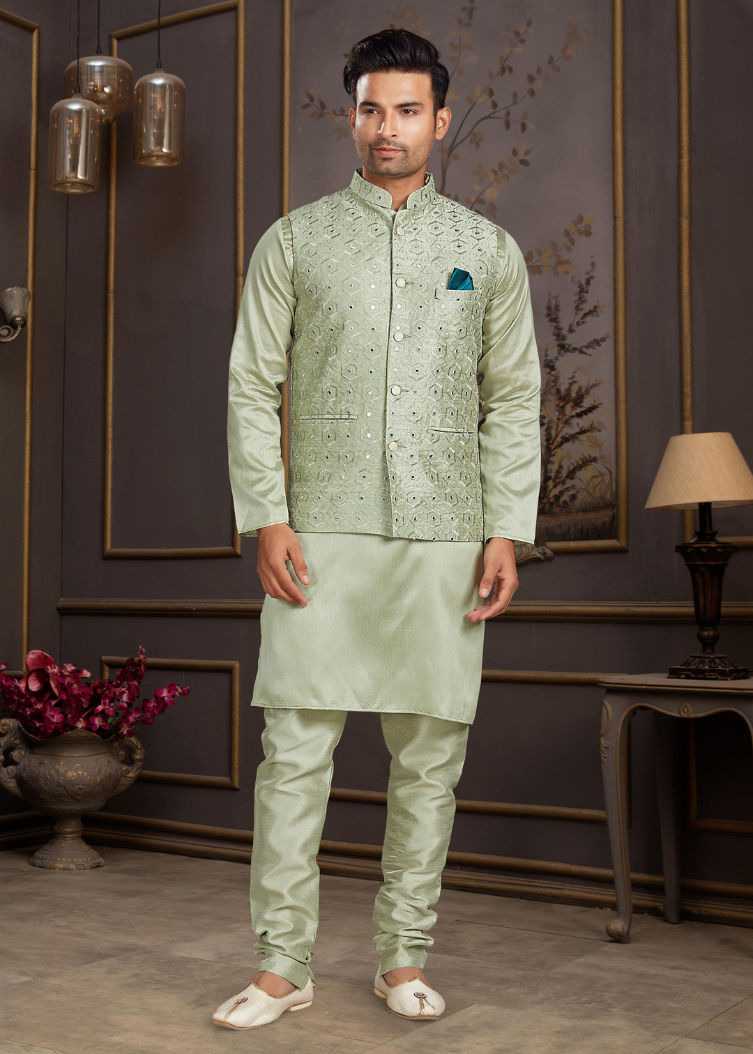 Malai Silk Kurta with Estela Silk Jacket | Thread & Mirror Embroidery Work