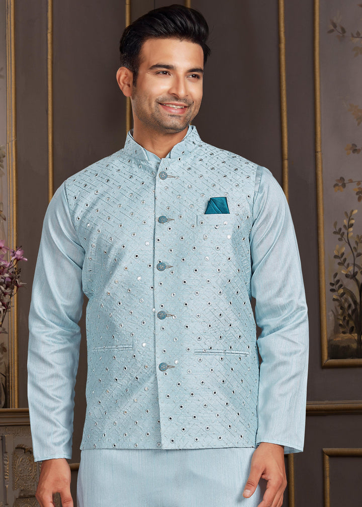 Malai Silk Kurta with Estela Silk Jacket | Thread & Mirror Embroidery Work