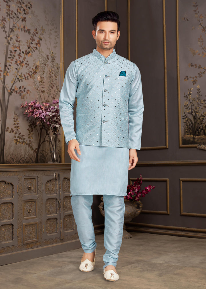 Malai Silk Kurta with Estela Silk Jacket | Thread & Mirror Embroidery Work