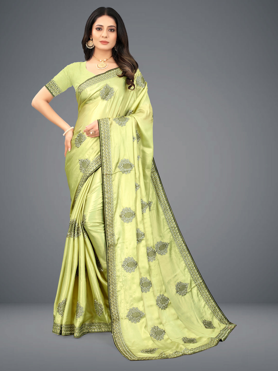 Heavy Embroidered Satin-Silk Saree for Traditional Weddings | Elegant Partywear