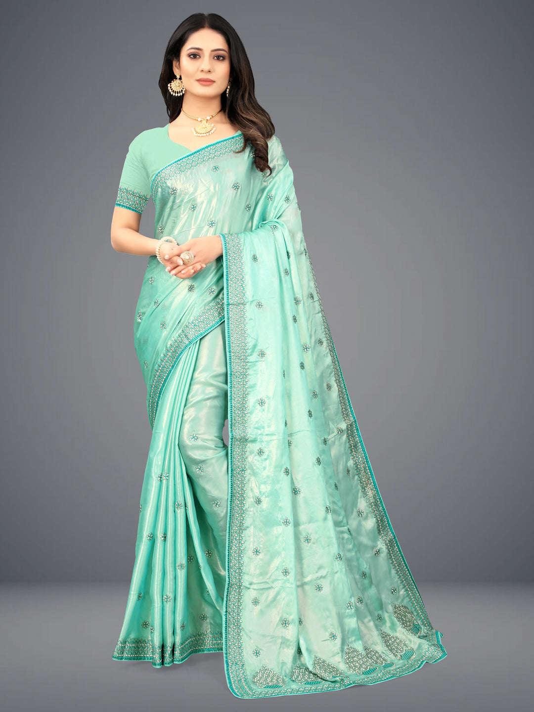 Elegant Satin-Silk Saree | Heavy Embroidery | Traditional Wedding Attire | Party & Pooja Event