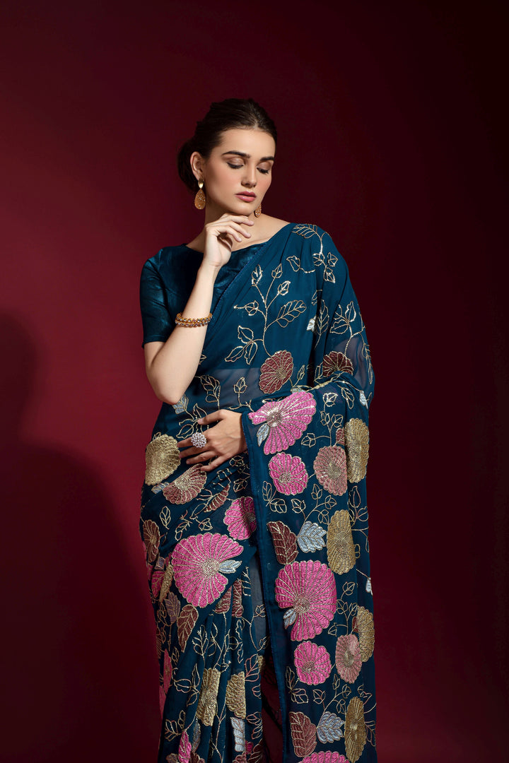 Georgette Saree with Sequance Embroidery | Banglori Blouse | Wedding & Party Wear