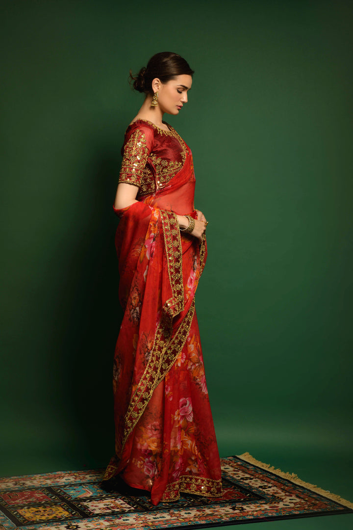 Flower-Printed Georgette Saree | Sequins & Embroidery for Party Wear