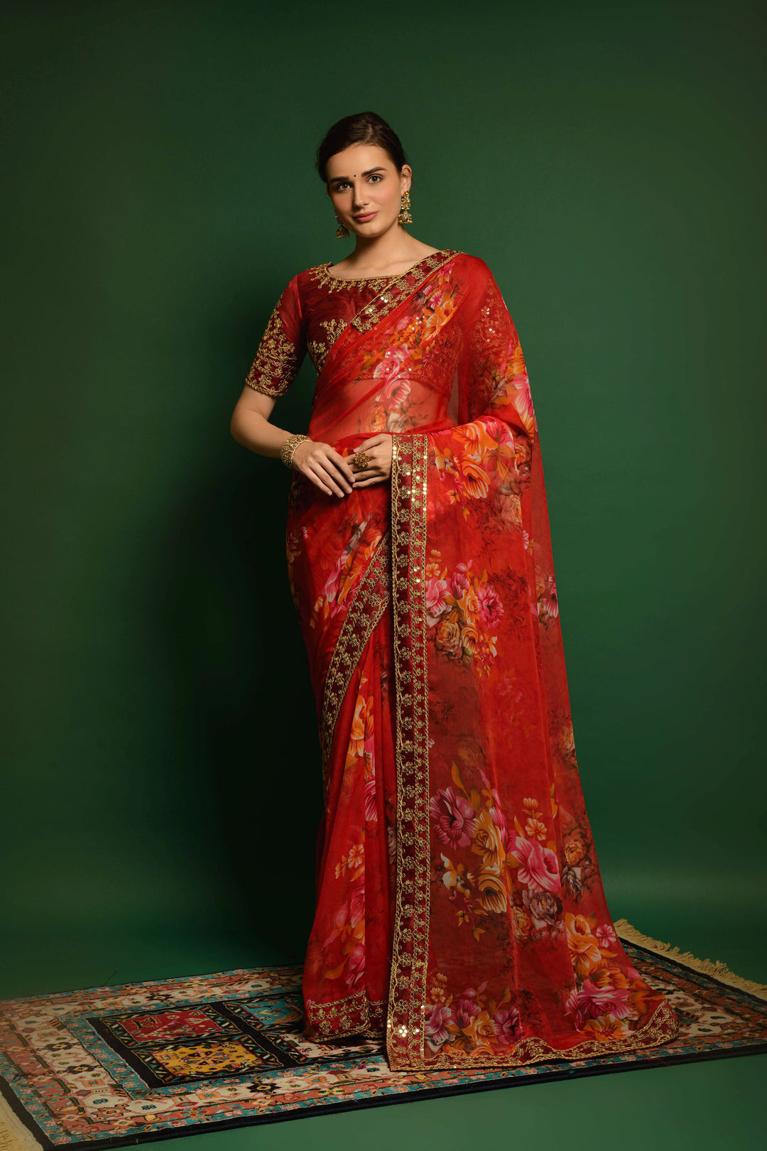 Flower-Printed Georgette Saree | Sequins & Embroidery for Party Wear