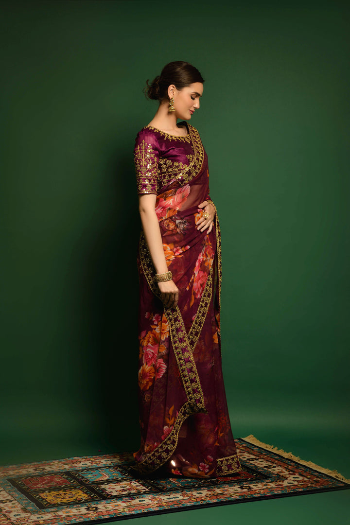 Flower-Printed Georgette Saree | Sequins & Embroidery for Party Wear