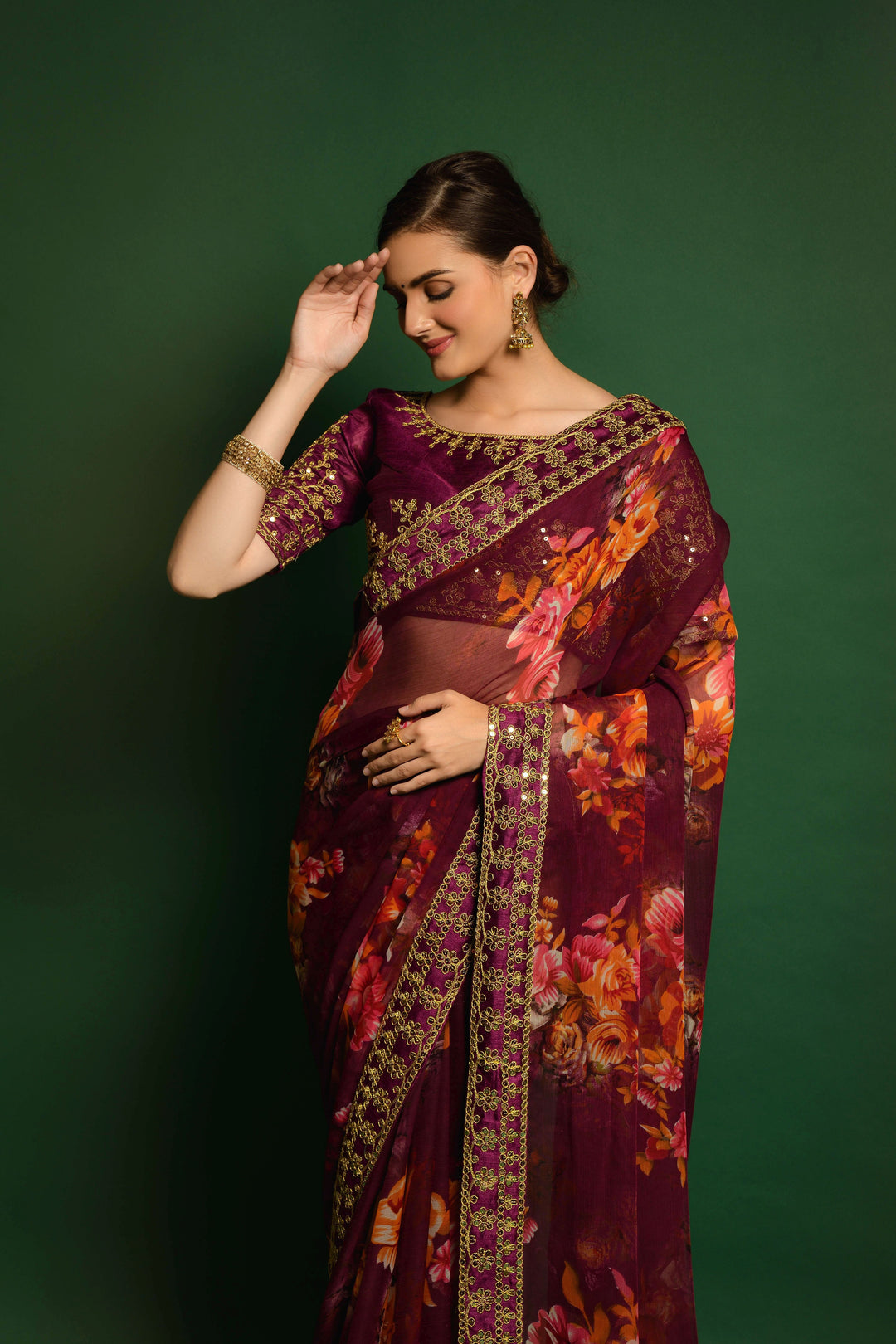 Flower-Printed Georgette Saree | Sequins & Embroidery for Party Wear