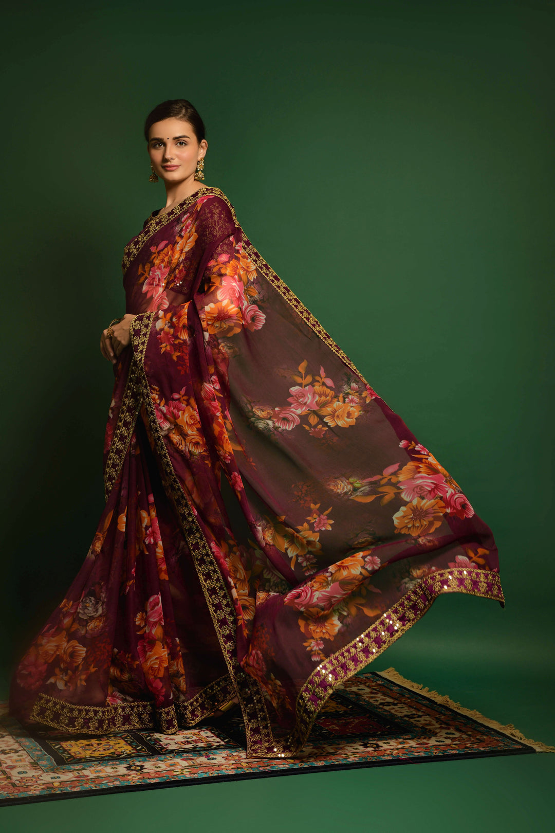 Flower-Printed Georgette Saree | Sequins & Embroidery for Party Wear