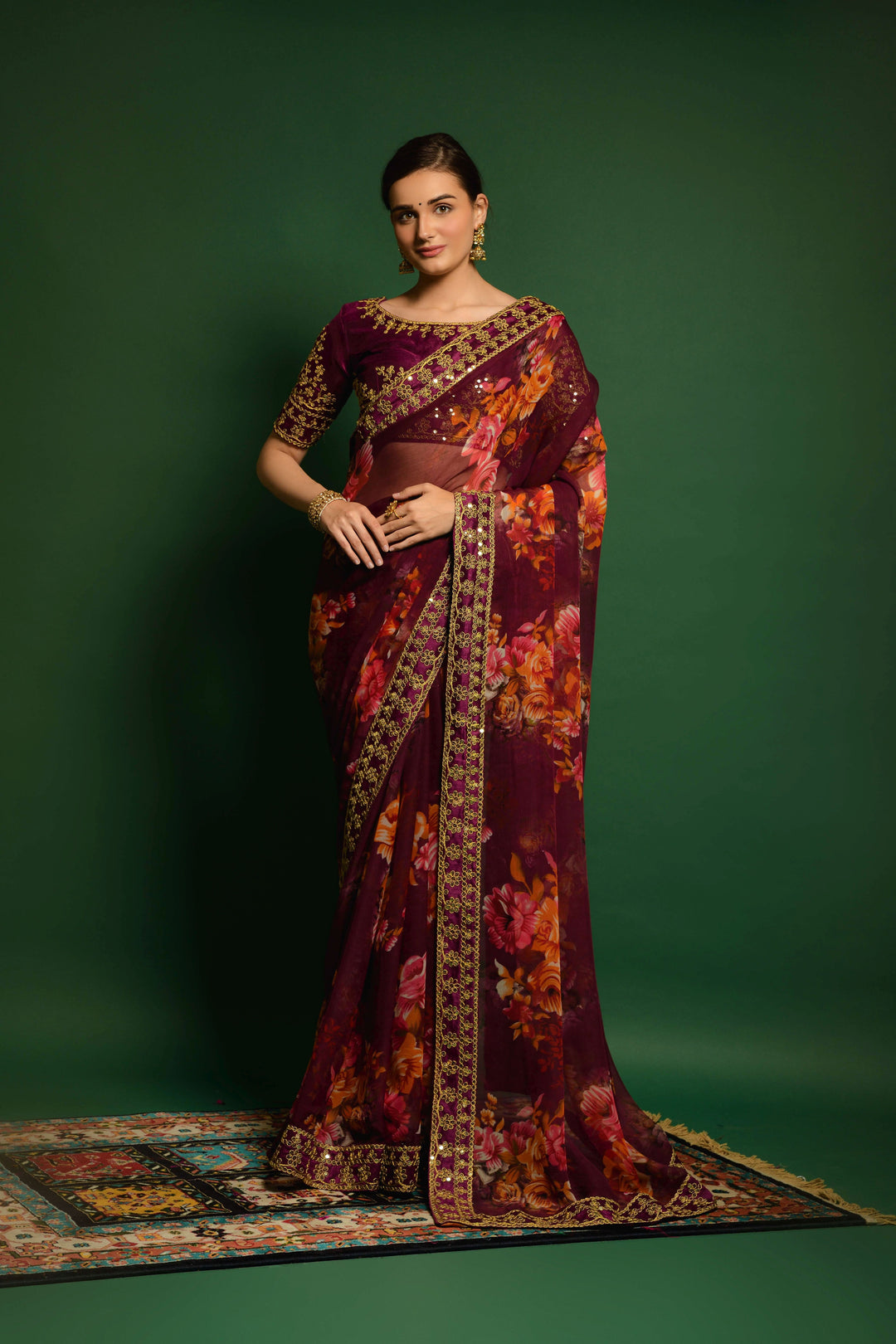 Flower-Printed Georgette Saree | Sequins & Embroidery for Party Wear