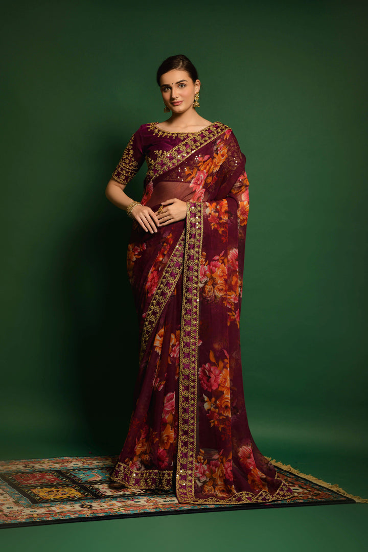 Flower-Printed Georgette Saree | Sequins & Embroidery for Party Wear