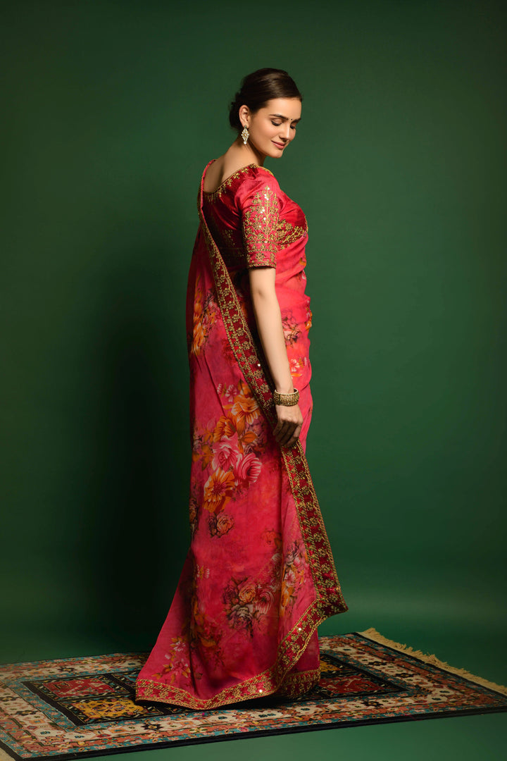 Flower-Printed Georgette Saree | Sequins & Embroidery for Party Wear