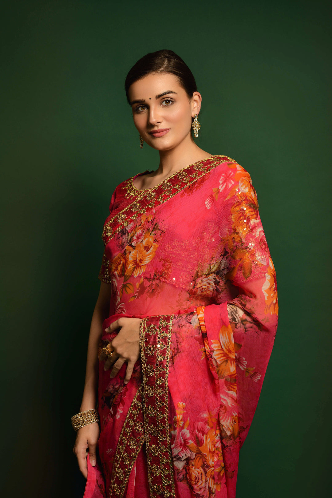 Flower-Printed Georgette Saree | Sequins & Embroidery for Party Wear