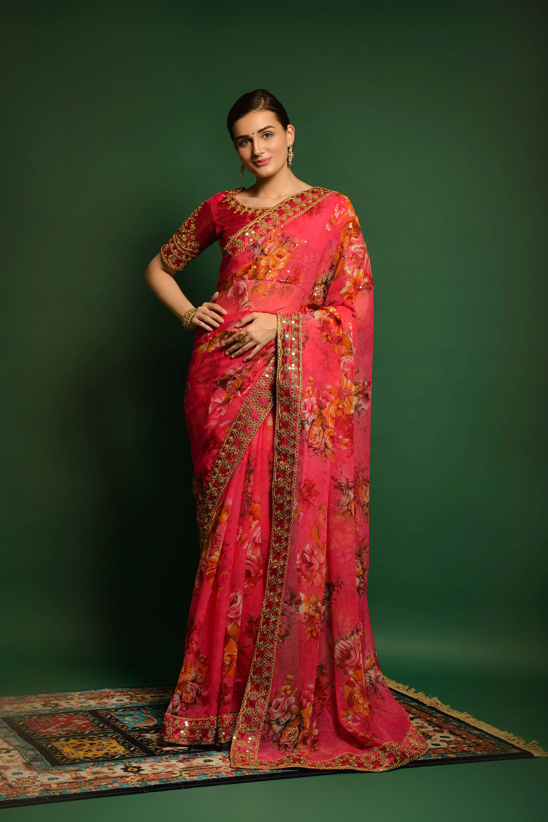 Flower-Printed Georgette Saree | Sequins & Embroidery for Party Wear