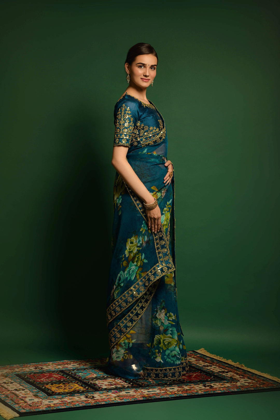 Flower-Printed Georgette Saree | Sequins & Embroidery for Party Wear