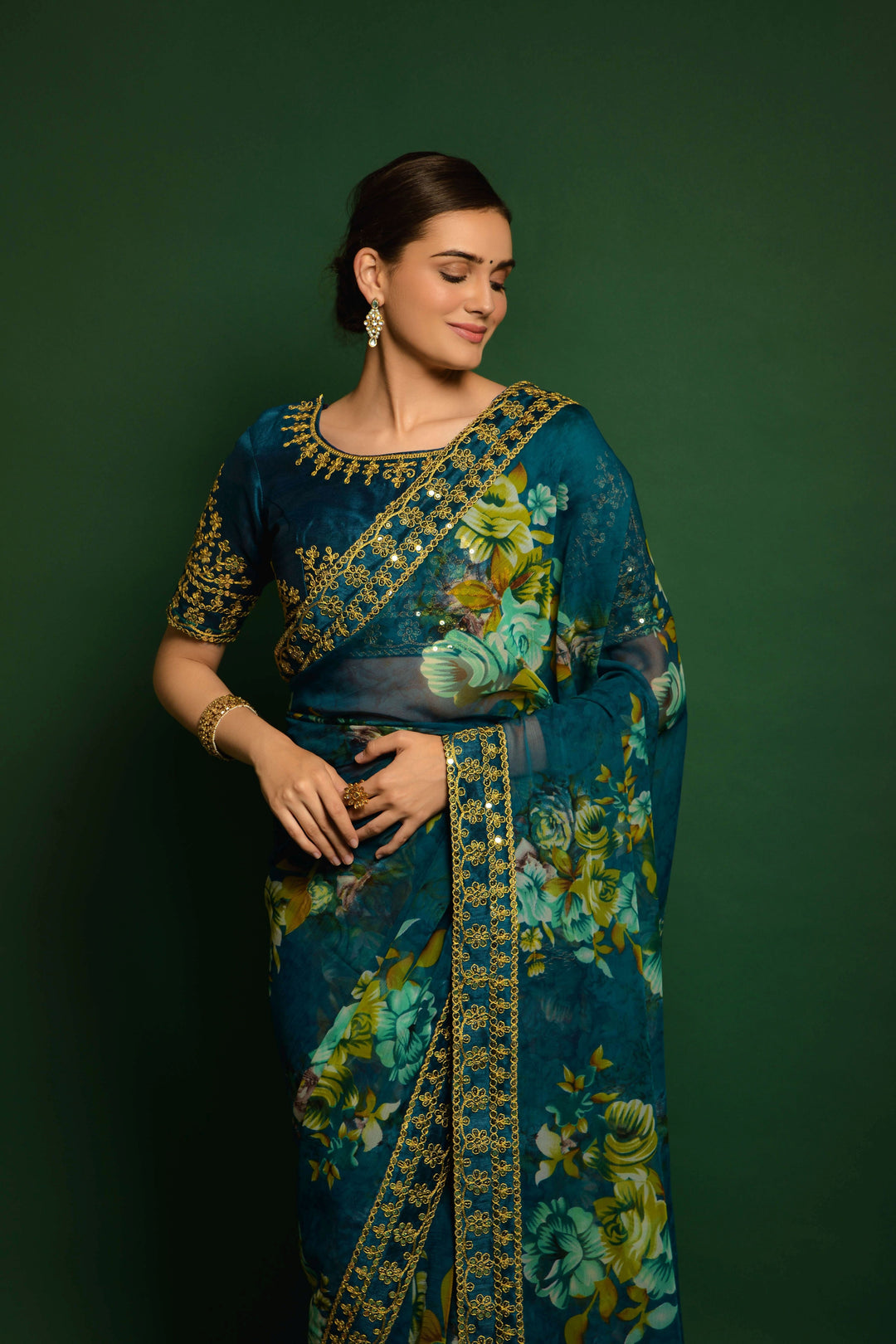 Flower-Printed Georgette Saree | Sequins & Embroidery for Party Wear