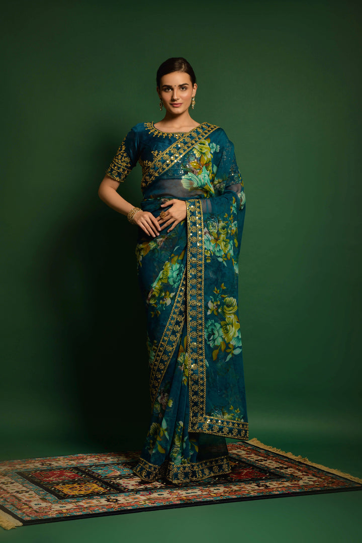 Flower-Printed Georgette Saree | Sequins & Embroidery for Party Wear