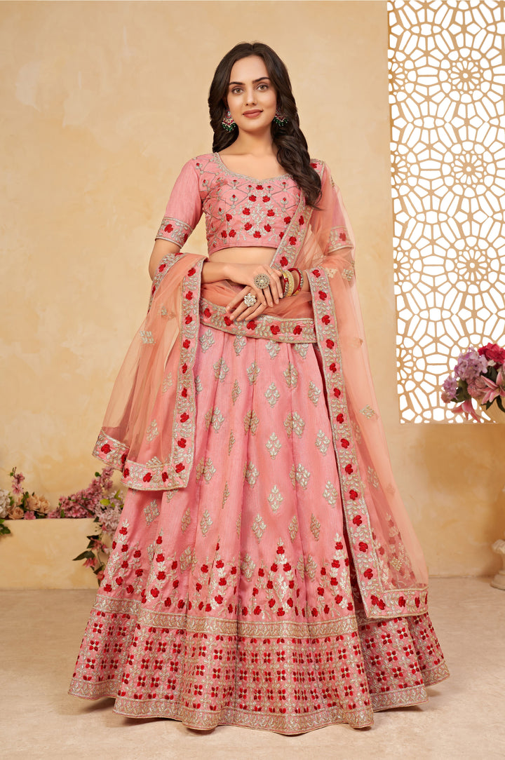 Designer Pink Silk Lehenga Set with Embroidery Work | Wedding and Party Wear