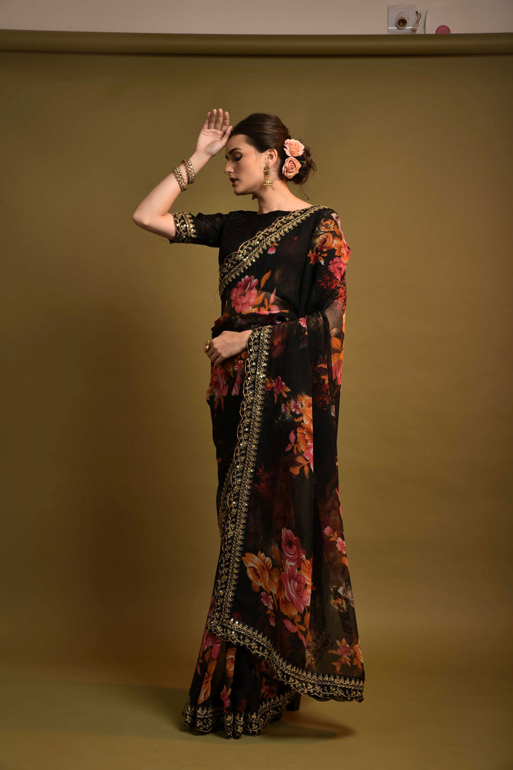 Stunning Georgette Flower-Printed Saree | Satin-Banglori Blouse