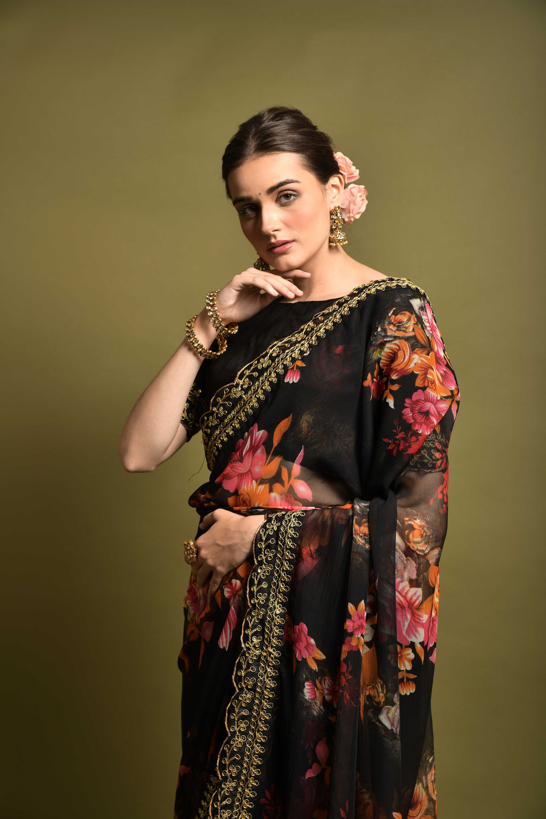 Stunning Georgette Flower-Printed Saree | Satin-Banglori Blouse