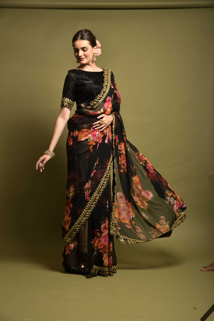 Stunning Georgette Flower-Printed Saree | Satin-Banglori Blouse