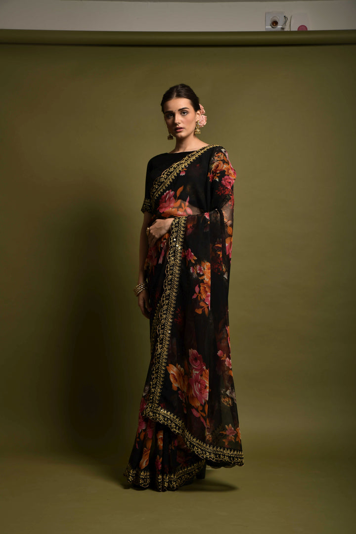 Stunning Georgette Flower-Printed Saree | Satin-Banglori Blouse