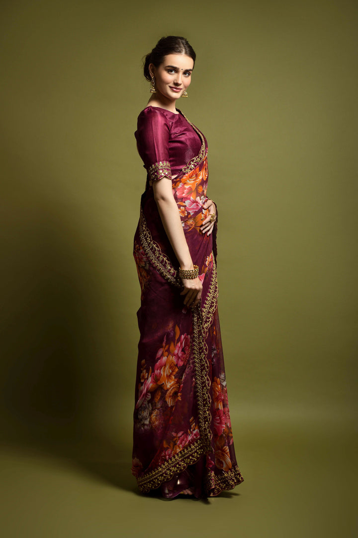 Stunning Georgette Flower-Printed Saree | Satin-Banglori Blouse