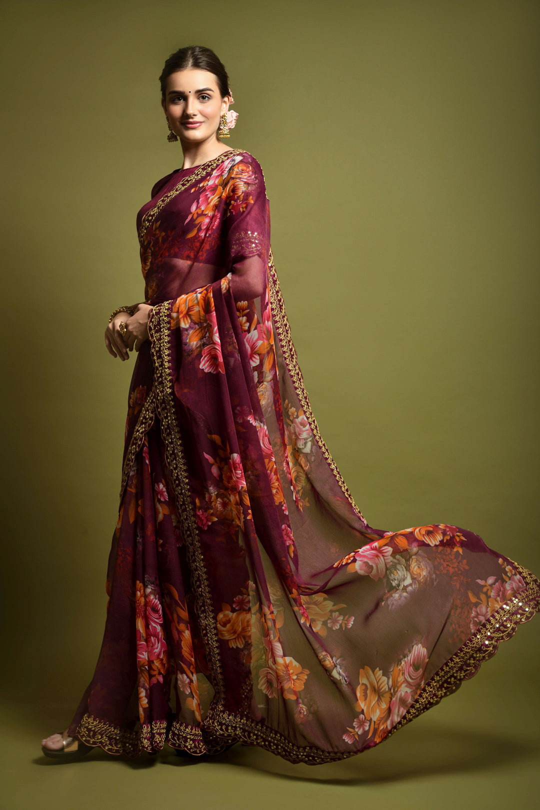 Stunning Georgette Flower-Printed Saree | Satin-Banglori Blouse