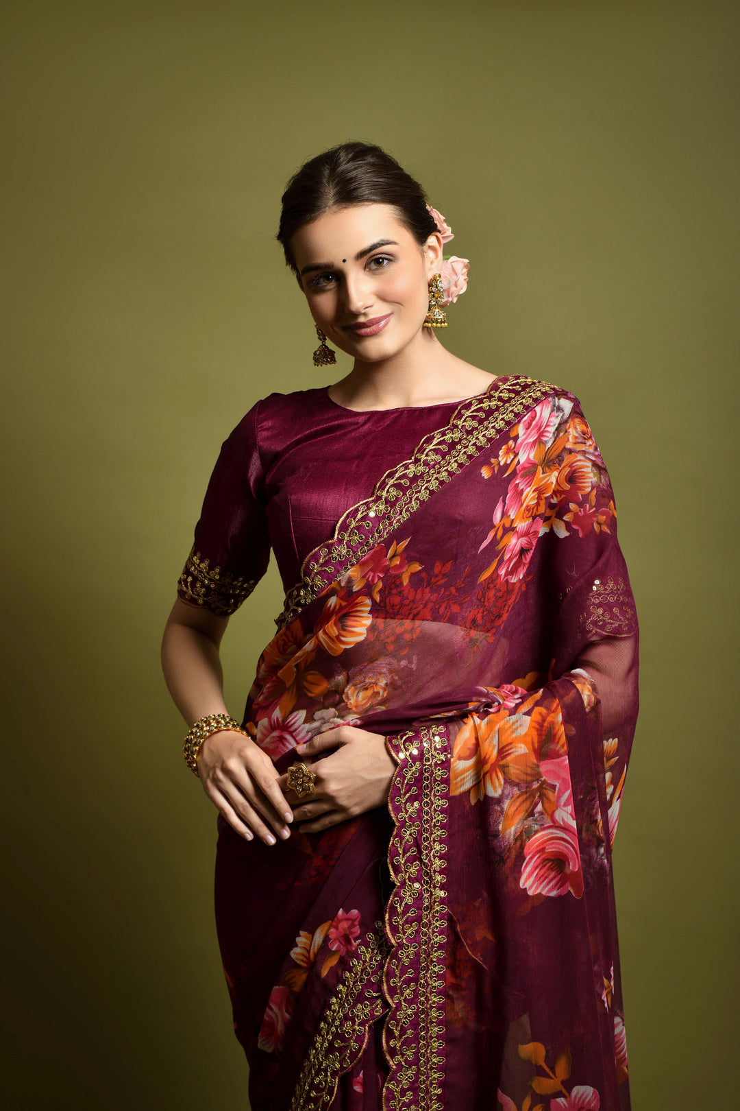 Stunning Georgette Flower-Printed Saree | Satin-Banglori Blouse