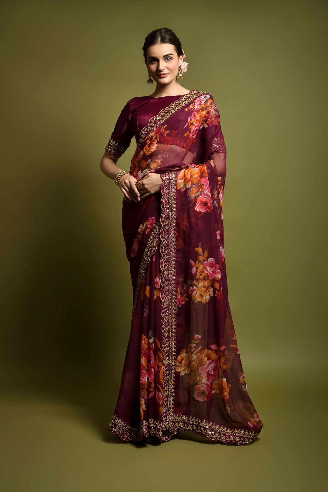 Stunning Georgette Flower-Printed Saree | Satin-Banglori Blouse