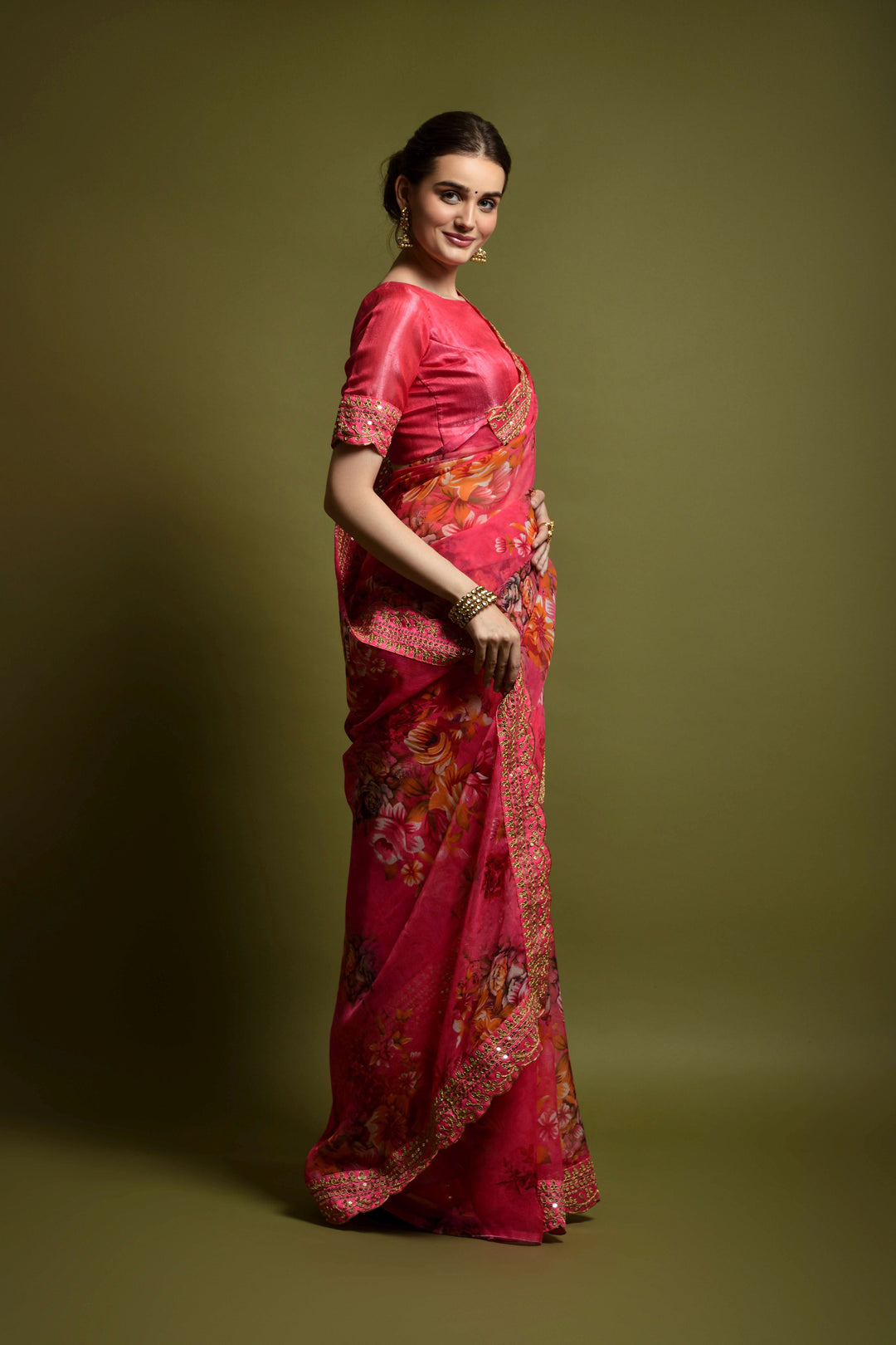 Stunning Georgette Flower-Printed Saree | Satin-Banglori Blouse