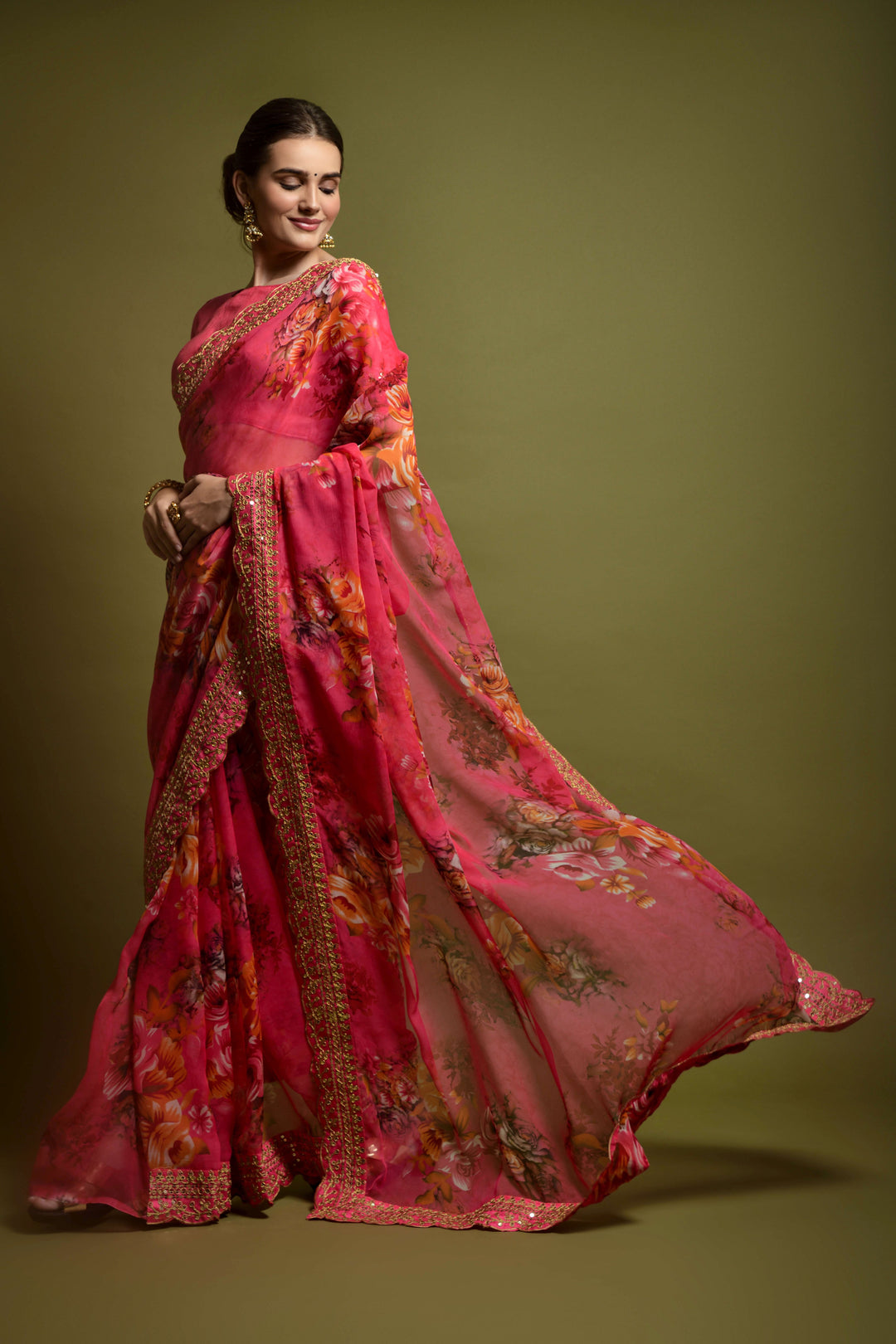 Stunning Georgette Flower-Printed Saree | Satin-Banglori Blouse