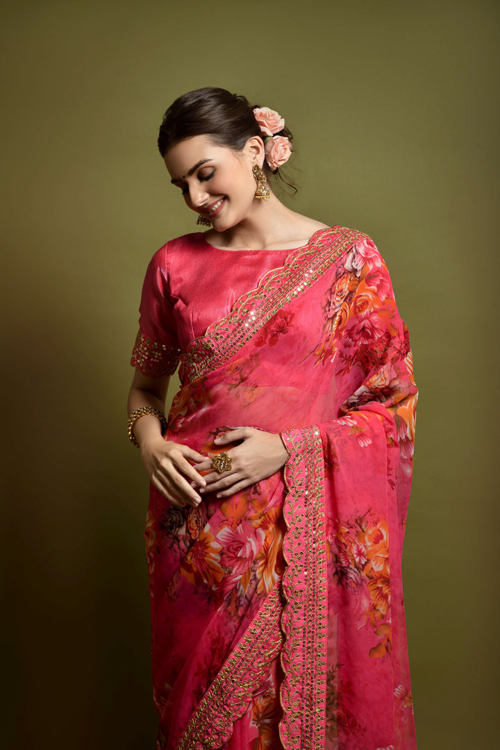 Stunning Georgette Flower-Printed Saree | Satin-Banglori Blouse