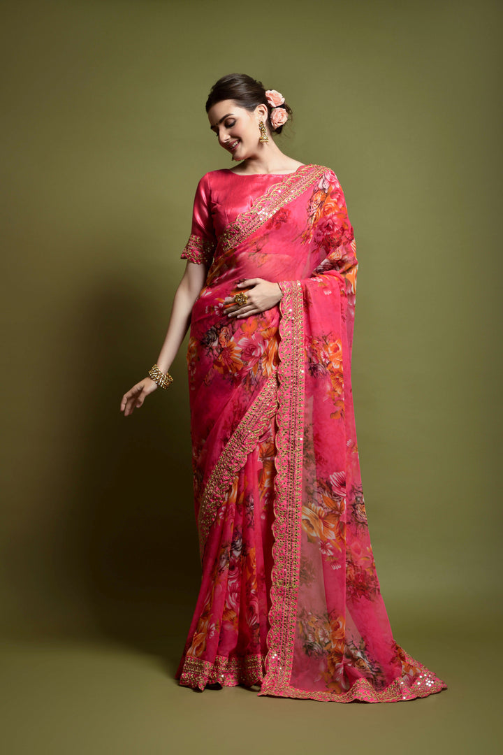 Stunning Georgette Flower-Printed Saree | Satin-Banglori Blouse