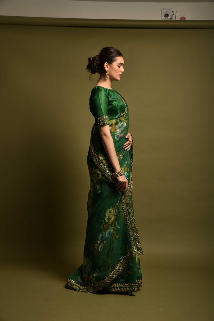 Stunning Georgette Flower-Printed Saree | Satin-Banglori Blouse