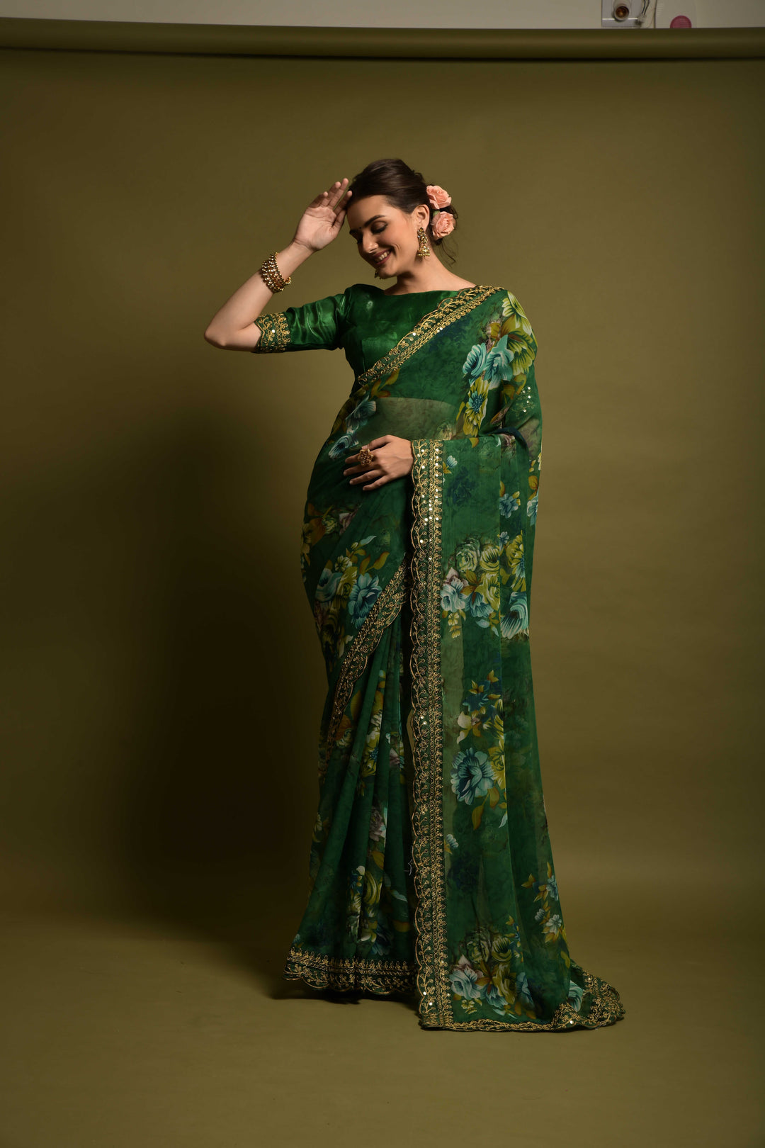 Stunning Georgette Flower-Printed Saree | Satin-Banglori Blouse