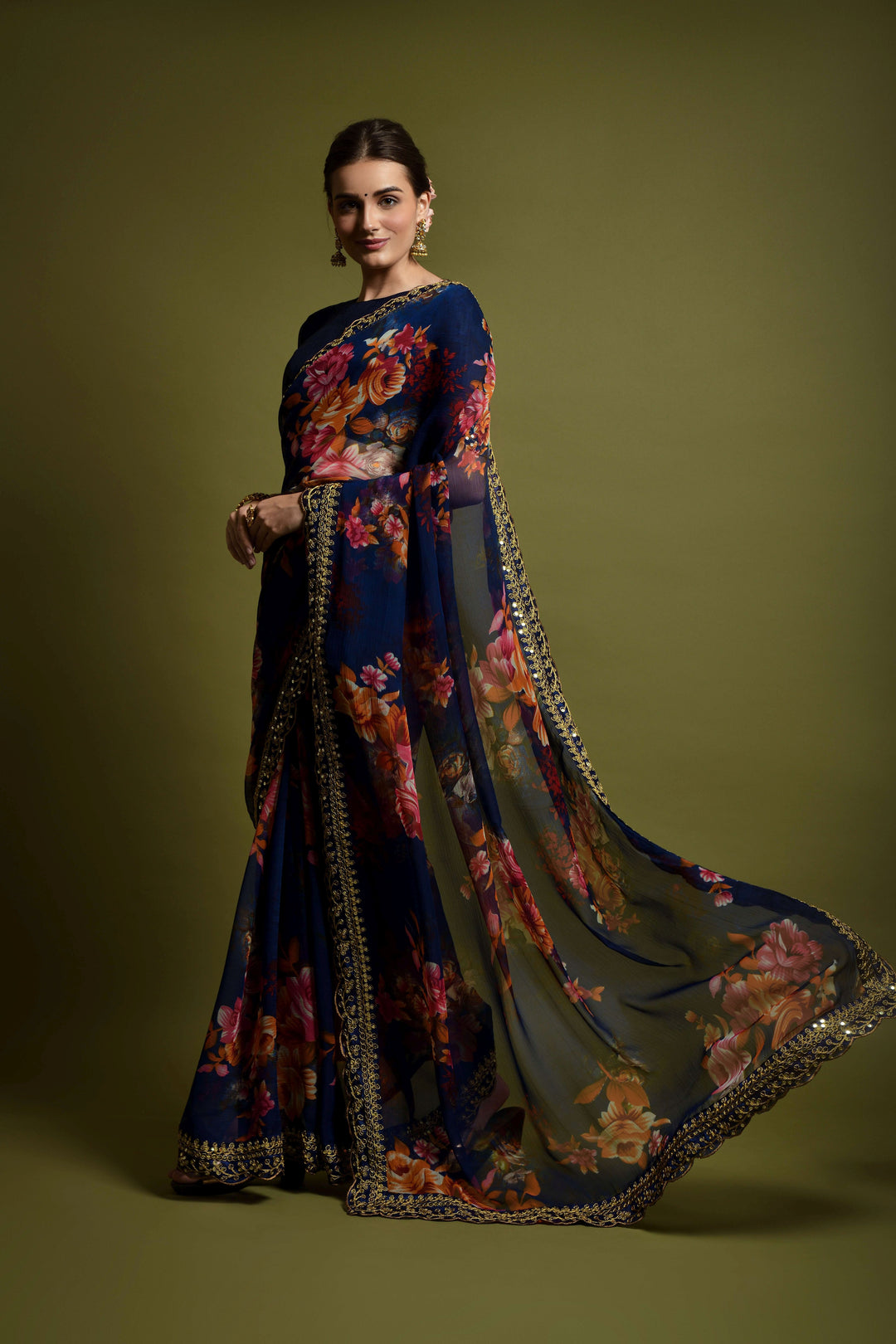 Stunning Georgette Flower-Printed Saree | Satin-Banglori Blouse