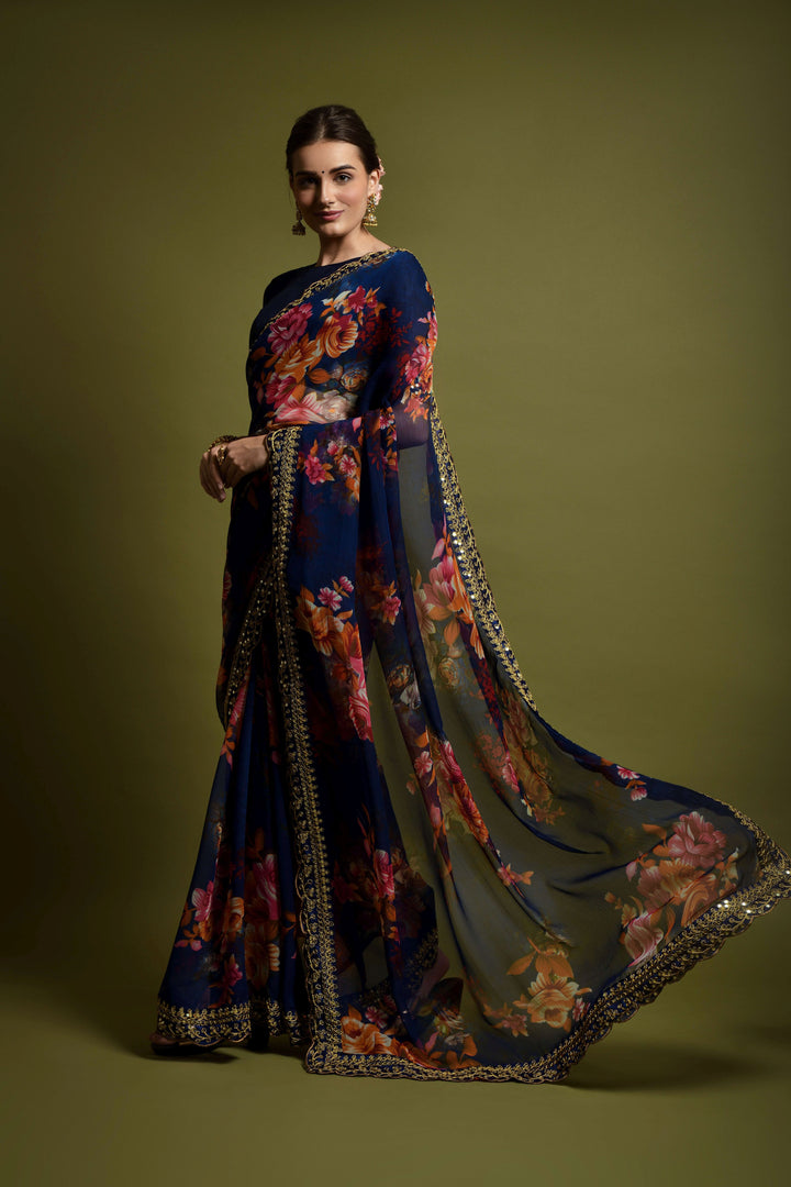 Stunning Georgette Flower-Printed Saree | Satin-Banglori Blouse