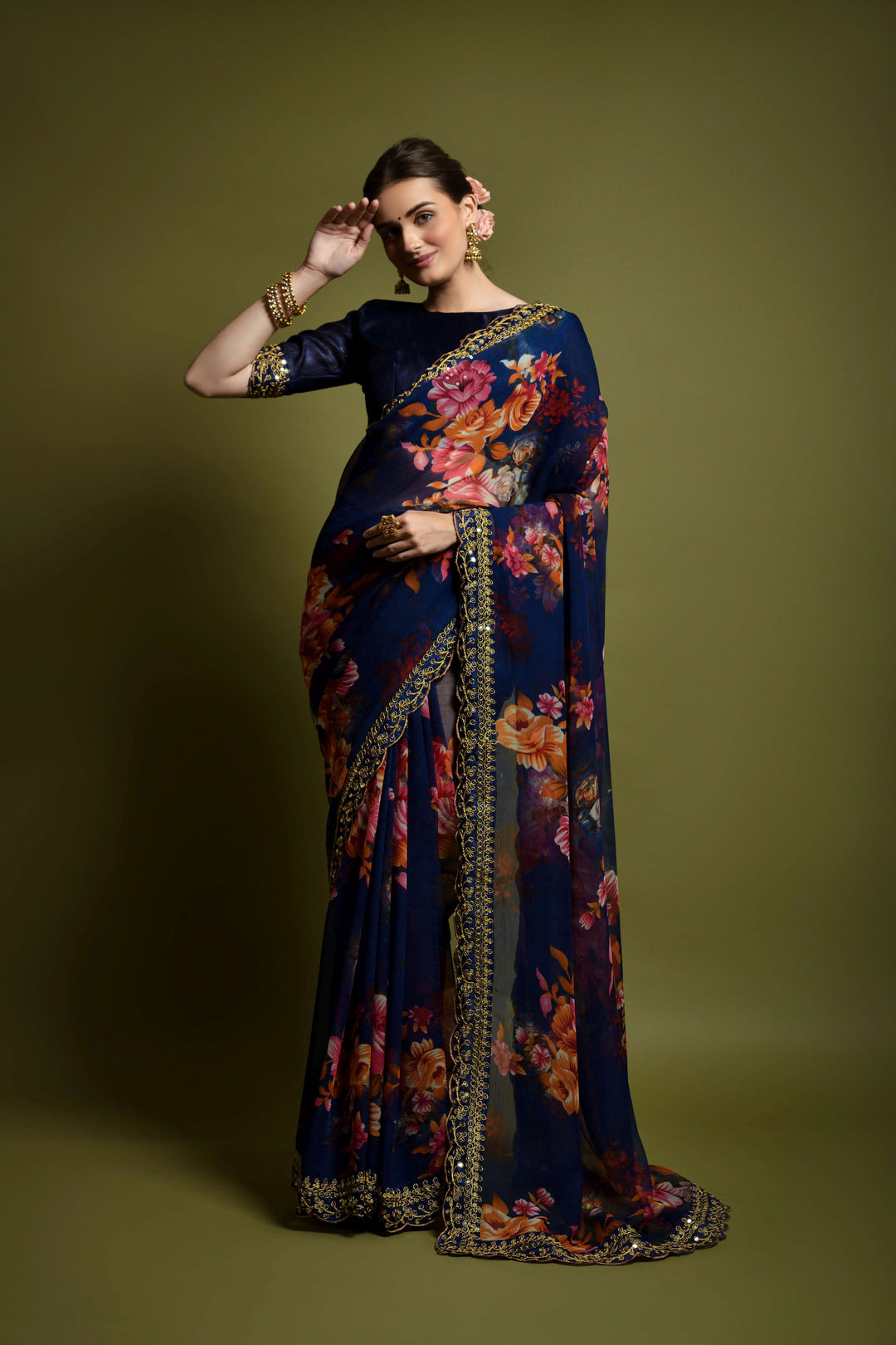 Stunning Georgette Flower-Printed Saree | Satin-Banglori Blouse