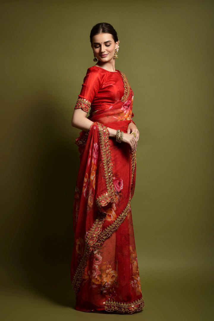 Stunning Georgette Flower-Printed Saree | Satin-Banglori Blouse