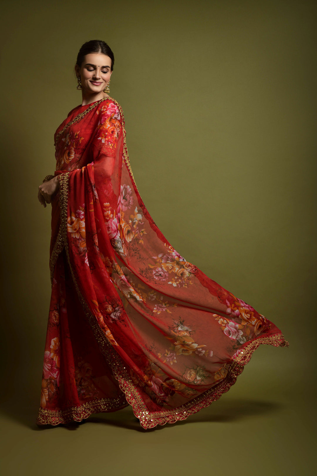 Stunning Georgette Flower-Printed Saree | Satin-Banglori Blouse