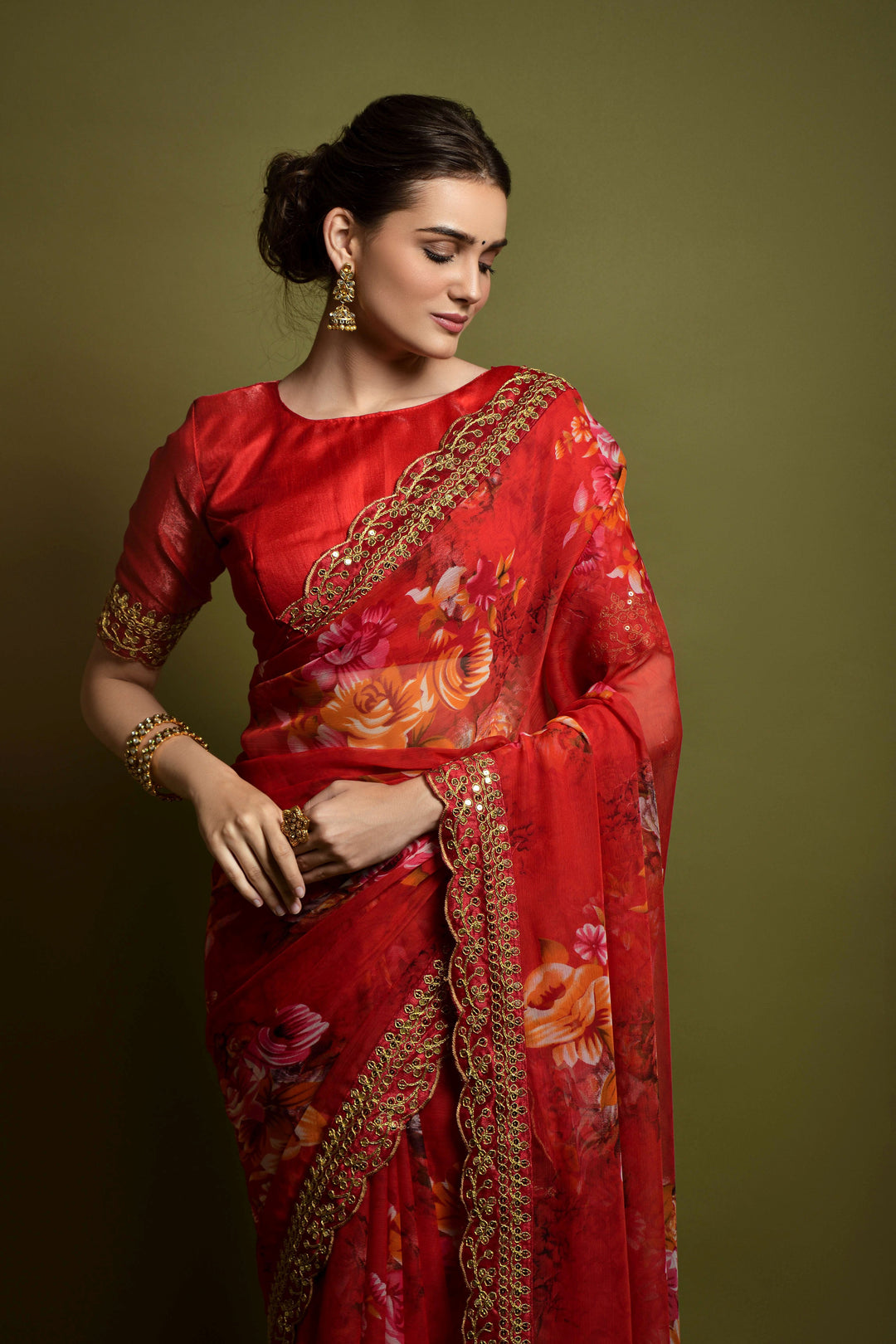 Stunning Georgette Flower-Printed Saree | Satin-Banglori Blouse