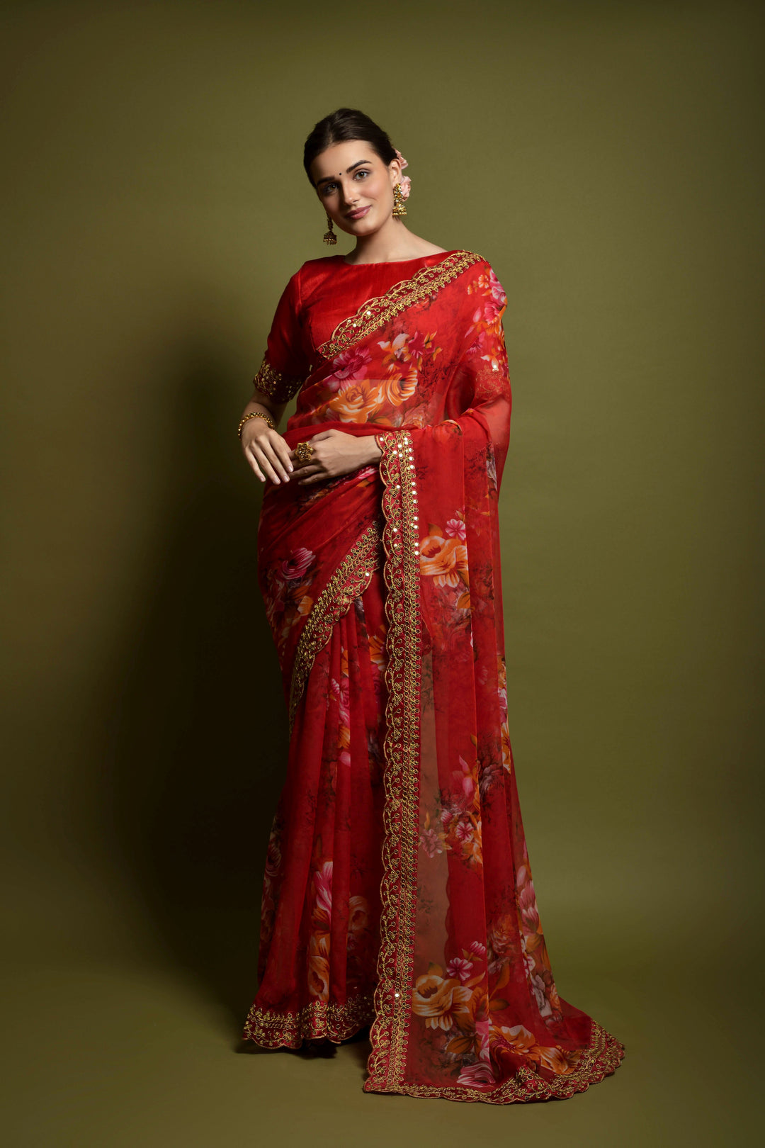 Stunning Georgette Flower-Printed Saree | Satin-Banglori Blouse