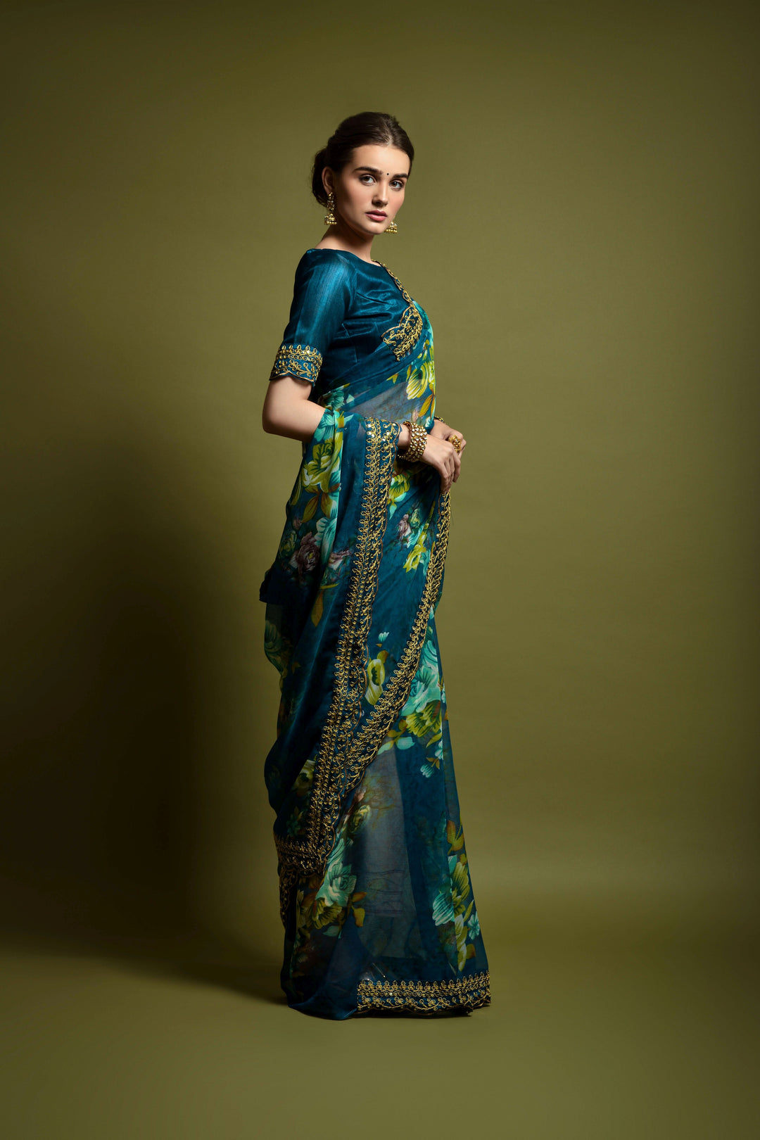 Stunning Georgette Flower-Printed Saree | Satin-Banglori Blouse