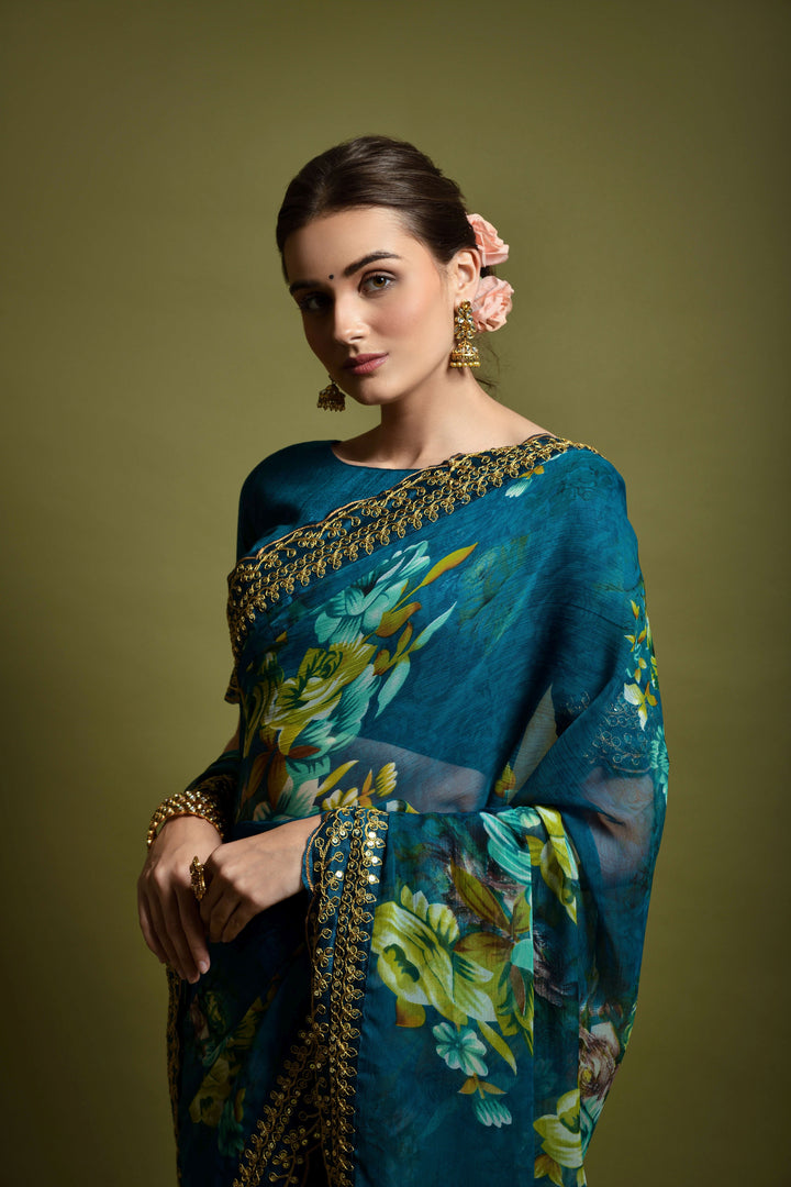 Stunning Georgette Flower-Printed Saree | Satin-Banglori Blouse