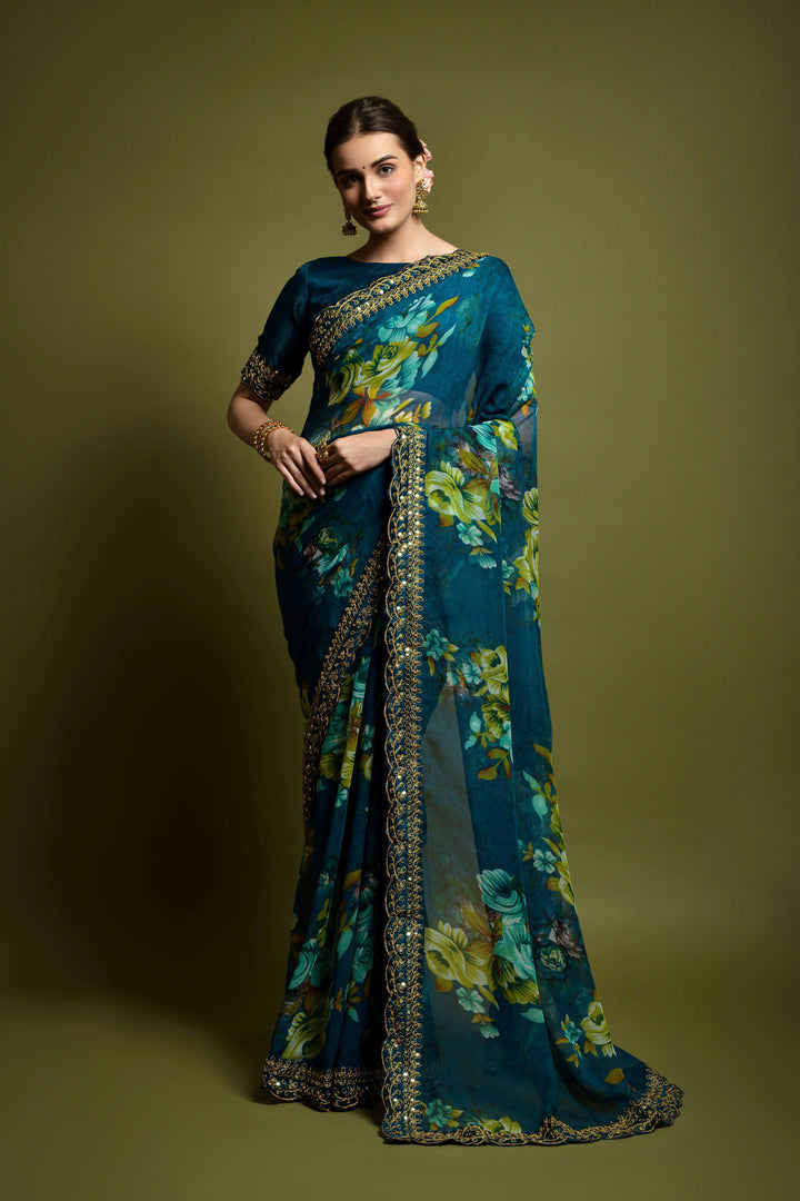 Stunning Georgette Flower-Printed Saree | Satin-Banglori Blouse