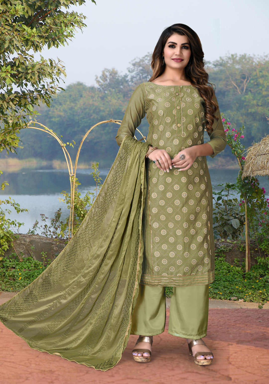 Elegant Olive Green salwar Suit | Modal Chanderi Top with Santoon Bottom & Fancy Dupatta