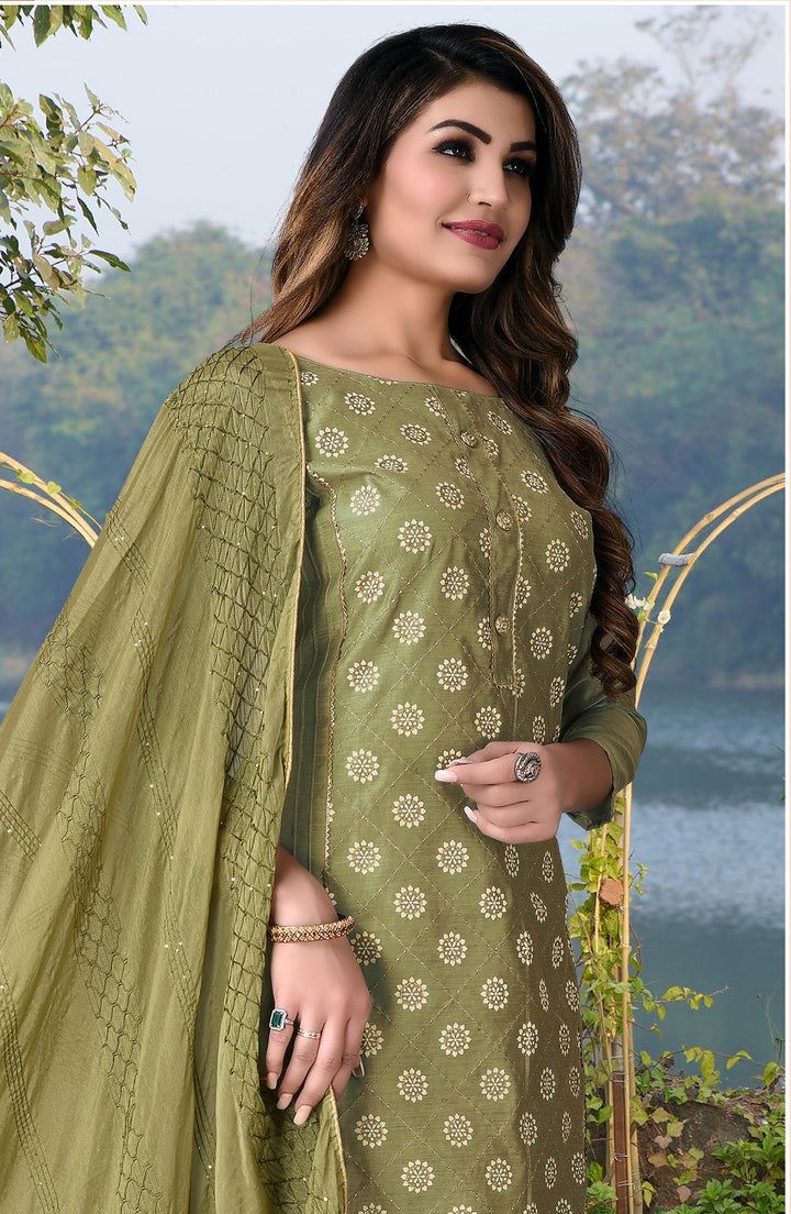 Elegant Olive Green salwar Suit | Modal Chanderi Top with Santoon Bottom & Fancy Dupatta