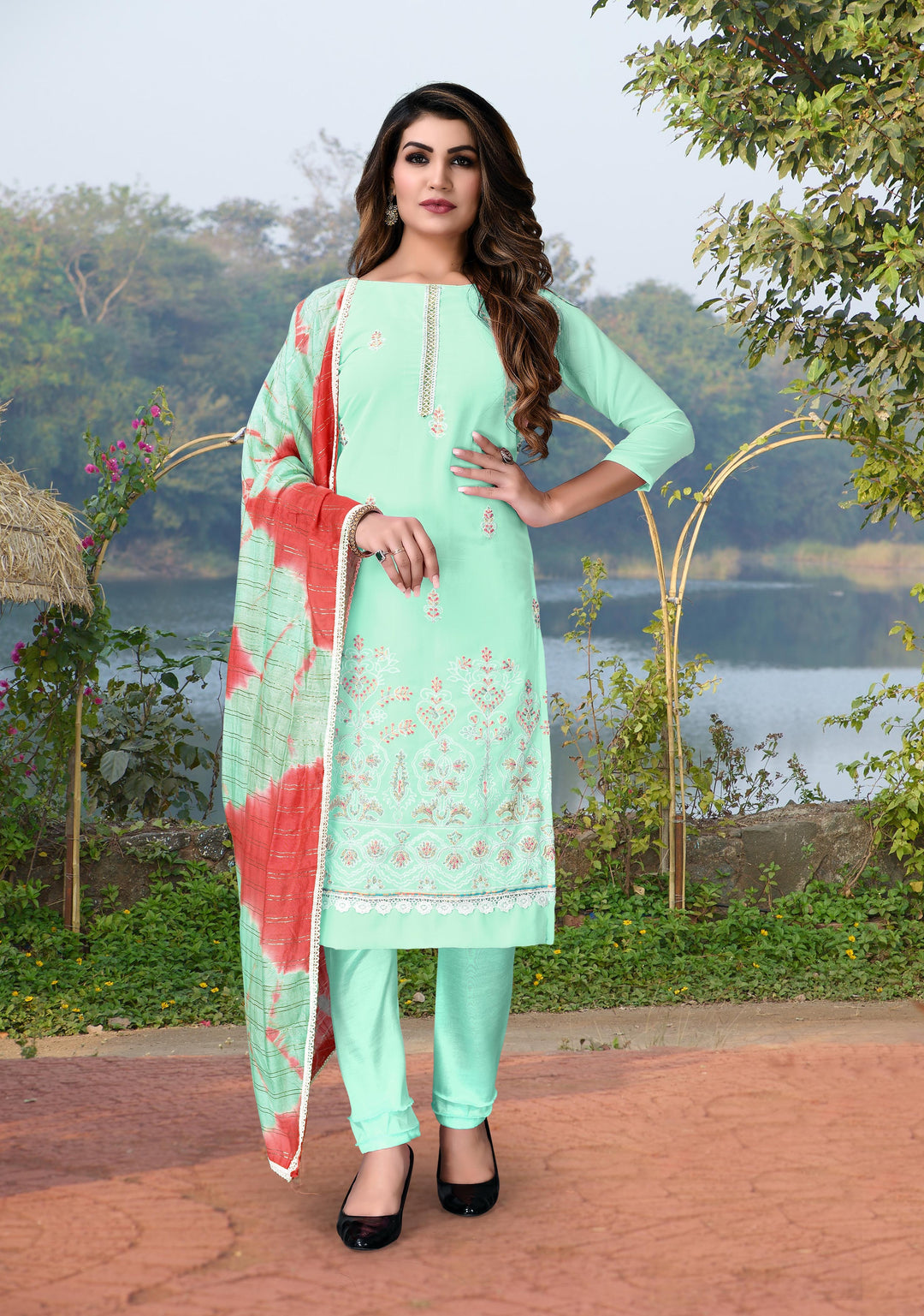 Sea Green Georgette salwar Suit with Fancy Embroidery | Santoon Bottom & Dupatta