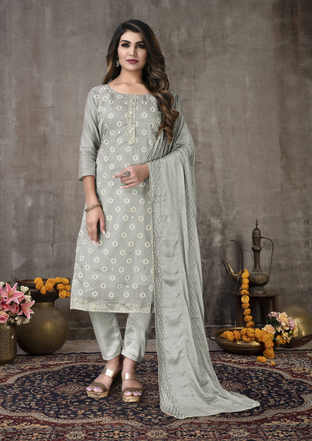 Gray Modal Chanderi salwar Suit with Fancy Embroidery | Santoon Bottom & Dupatta