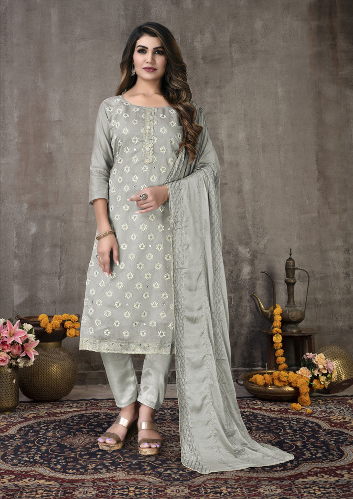 Gray Modal Chanderi salwar Suit with Fancy Embroidery | Santoon Bottom & Dupatta